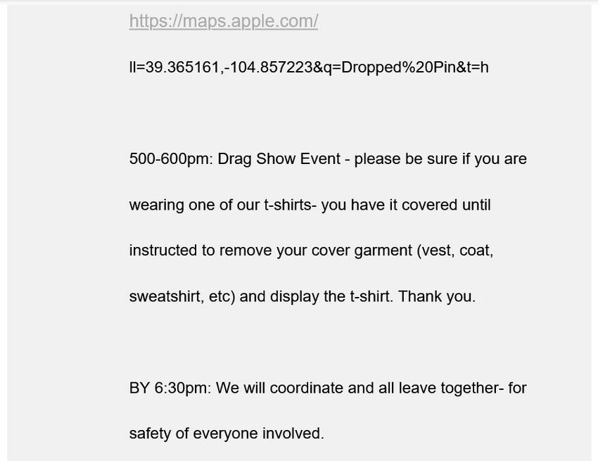 The eighth of 10 screenshots in order showing an organizing email sent by Able Shepherd Operations Manager Melissa Papulias on Aug. 25, the day before protesters disrupted Douglas County PrideFest.